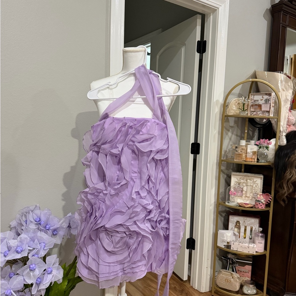 Lilac Ruffle-Flower Halter Kids Dress